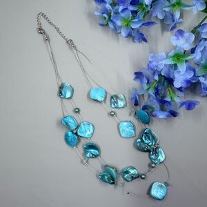 Vintage Multi Strand Genuine Mother of Pearl Blue Shell Necklace